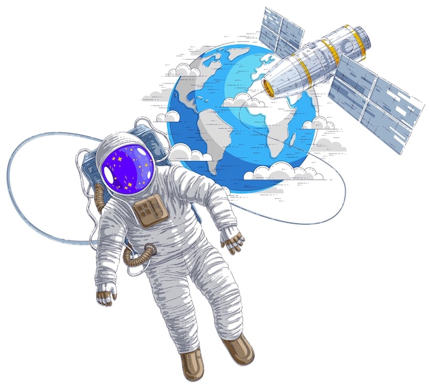 Ruimtevaarder die in open ruimte vliegt verbonden met ruimtestation en aardeplaneet op de achtergrond, astronaut man of vrouw in ruimtepak zwevend in gewichtloosheid en iss ruimtevaartuig achter hem. Vector.