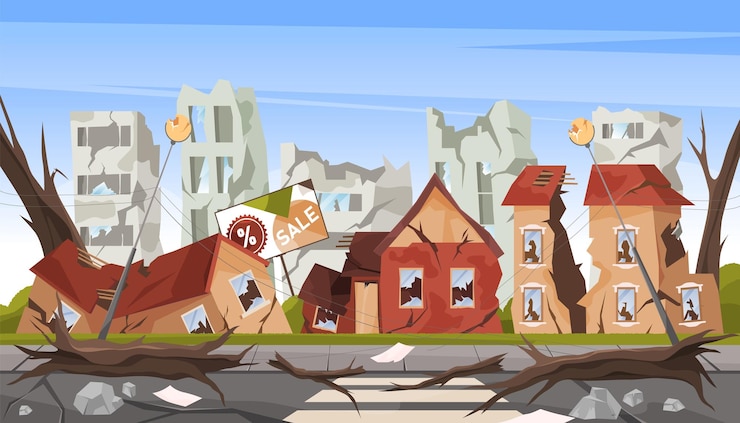 Vector ruined city or destroyed town scape vector banner