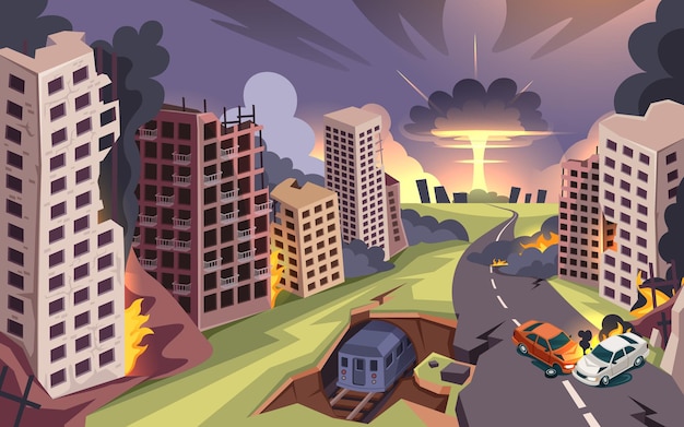 Ruined city from nuclear bomb explosion war destroyed buildings and burning cars cartoon