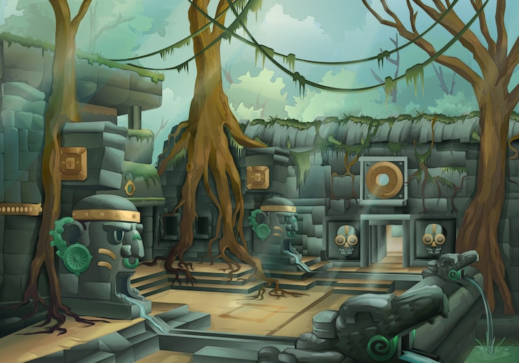 Vector ruins, jungle illustration