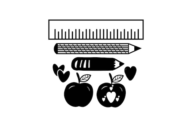 A ruler, a pencil, and a apple on a white background.