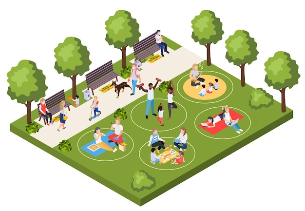 Vector rules of behavior for people walking and relaxing in city park during pandemic isometric composition