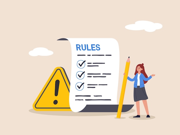 규칙 및 규정 개념 직원이 법적 용어를 준수하도록 정책 및 지침