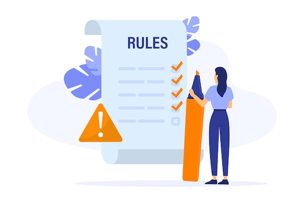 Rules vector illustration Checklist with requirements Company order restrictions law and regulations Clipboard with regulations Vector illustration