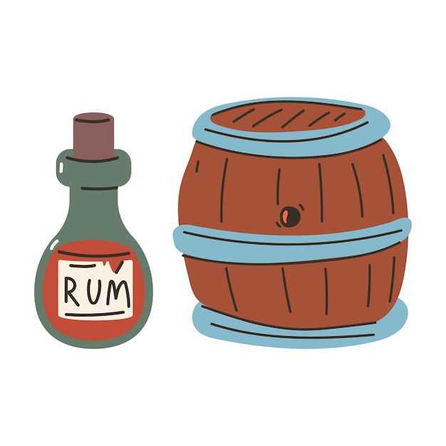 Vettore illustrazione del cartone animato vettoriale bottiglia e barile di rum isolata su sfondo bianco