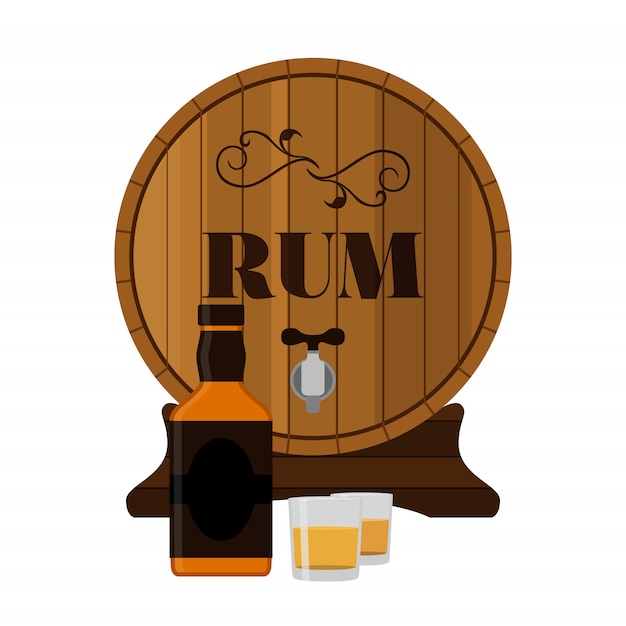 Rum wooden barrel with bottle and shots in flat style.