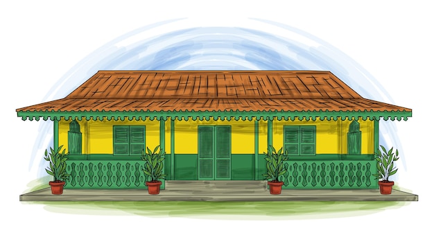 Vettore rumah betawi tradizionale betawi giacarta indonesia casa cartone animato illustrazione disegnata a mano