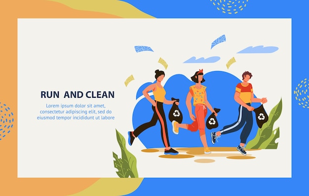 Vector run to clean the header of web banner  for plogging marathon environmental volunteer initiative