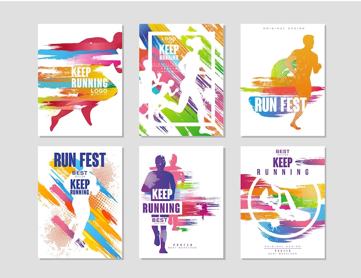 Vector 実行フェスト ポスター セット スポーツと競争のコンセプト ランニング マラソン カード バナー印刷バッジ ベクトル イラスト web デザインのカラフルなデザイン要素