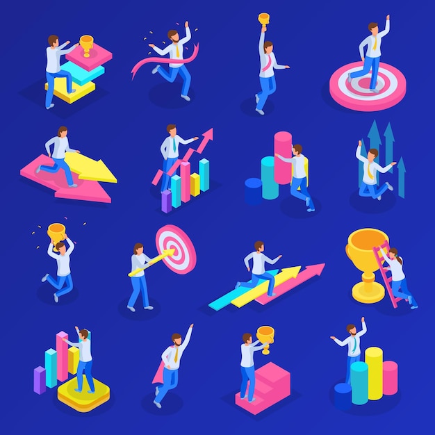 Run to goal isometric icon set with people and trophies targets charts and achievements vector illustration
