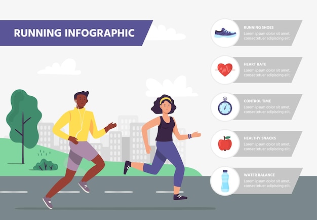 Esegui infografica uomo e donna che corrono maratona atleti che fanno jogging all'aperto nel parco cittadino esercizio sportivo