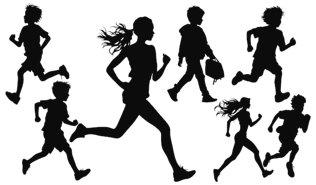 Run Set of silhouettes of running child and women Active people