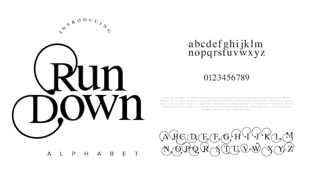 Rundown premium luxury elegant alphabet letters and numbers Elegant wedding typography classic serif