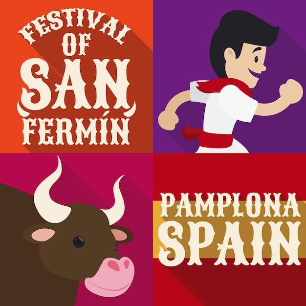 Vettore corridore e toro per il festival di san fermin a pamplona in stile piatto e lunga ombra