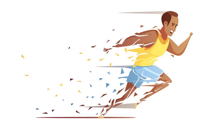 Vector runner man action retro cartoon composition with male human character of trackman athlete falling into pieces vector illustration