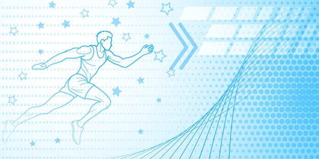 추상적인 선과 별과 점과 스포츠 상징과 같은 남성 운동선수와 달리기 트랙을 가진 파란색 음색의 달리기 또는 긴 점퍼 테마의 배경