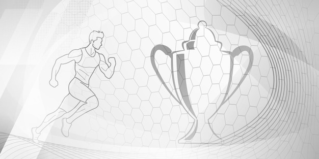 Фон на тему бегунов в серых тонах с абстрактными кривыми и сеткой с спортивными символами, такими как мужской спортсмен, бегущий по трассе и кубок