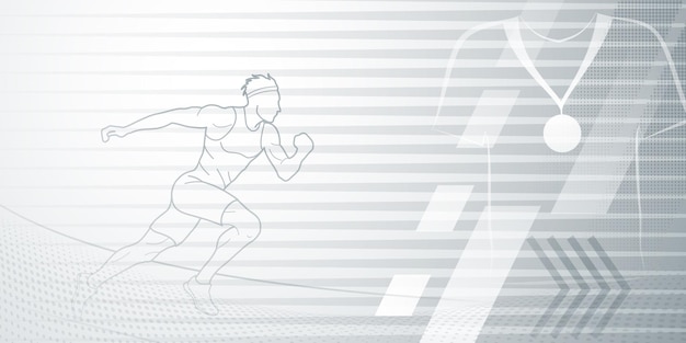 Vector runner themed background in gray tones with abstract lines and dots with sport symbols such as a male athlete and a medal