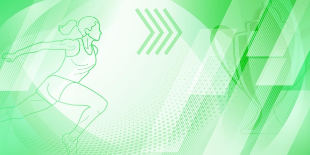 Runner themed background in green tones with abstract curves and dots with sport symbols such as a female athlete and a cup