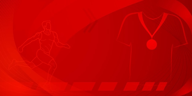 Runner themed background in red tones with abstract curves and dots with sport symbols such as a male athlete running track and a medal