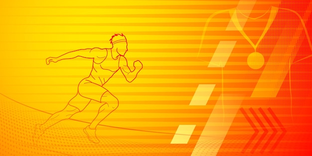 Vector runner themed background in yellow and red tones with abstract lines and dots with sport symbols such as a male athlete and a medal