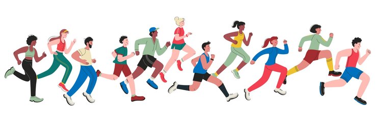 Vector runners cartoon running characters diverse group of people jogging and sprinting sport run concept active workout and fitness vector athlete characters running marathon