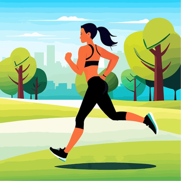 Runners flat vector concept illustraties vrouwelijke atleet loopt in het park bos stadion baan of