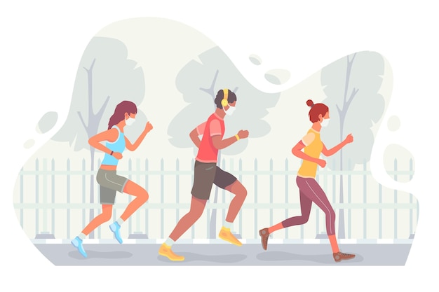 Runners with face masks outdoors