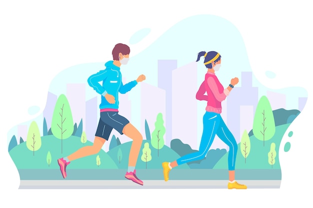 Runners with medical masks outdoors