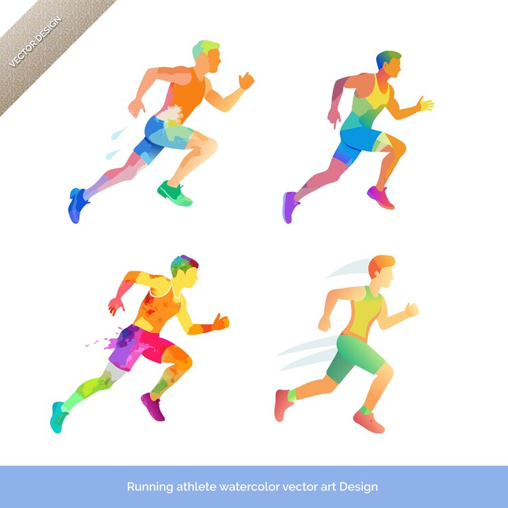 Vector running athlete in motion watercolor vector art set