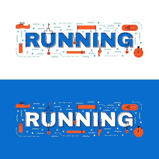 Vector running banner, running lettering flat line design with icons