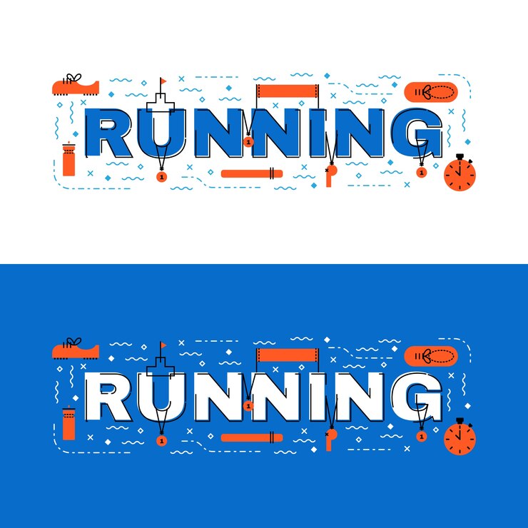 Vector running banner, running lettering flat line design with icons 