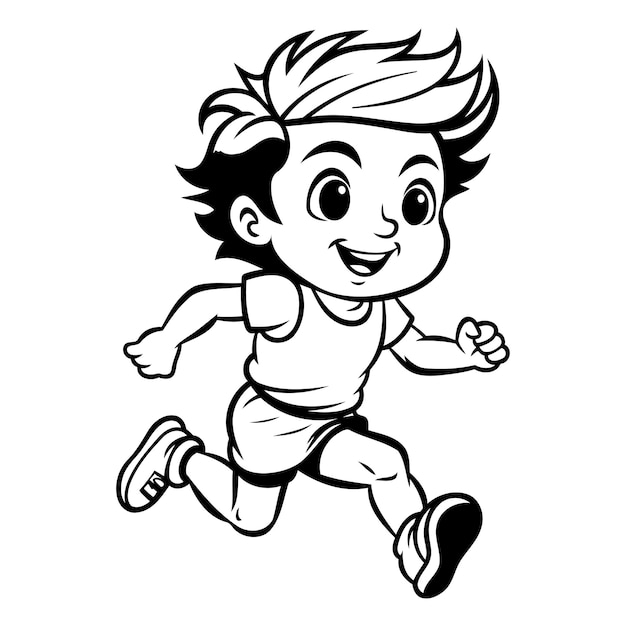 Running boy black and white cartoon illustration isolated on white background