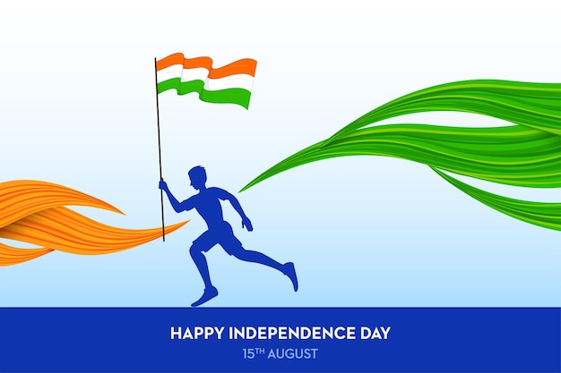 Running boy holding indian trio color indian flag happy independence day