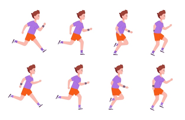 Vector running boy sequence little man run steps animation profile motion 2d character step jogging men cycle loop sprite sheet frame cartoon runner athlete splendid vector illustration