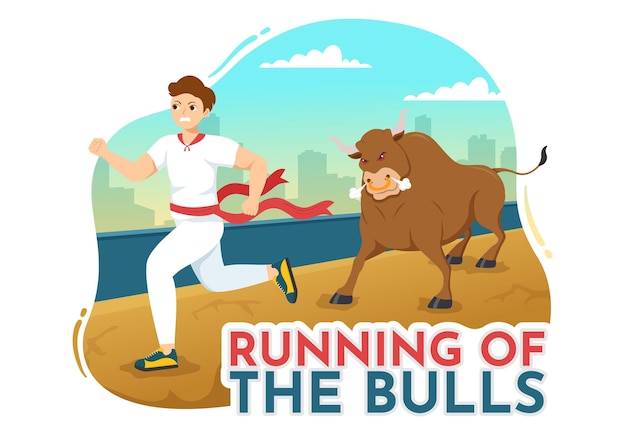 Running of the Bulls Illustration with Bullfighting Show in Arena in Cartoon Hand Drawn Template