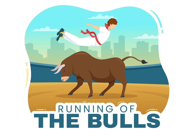 Running of the bulls illustration with bullfighting show in arena in cartoon hand drawn template