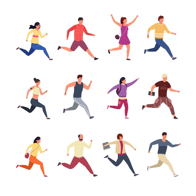 Running characters cartoon people wearing casual and sport clothes running and jogging hurry men and women vector set