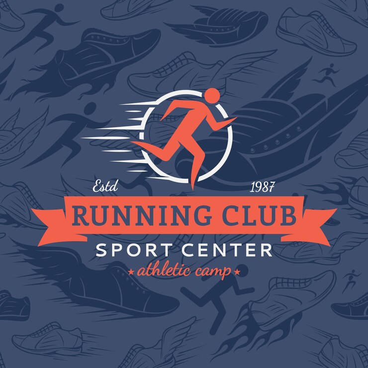 Vector running club logo template over running shoes seamless pattern