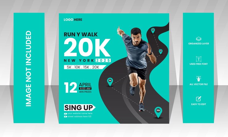 Vector running competition social media post design sport square banner