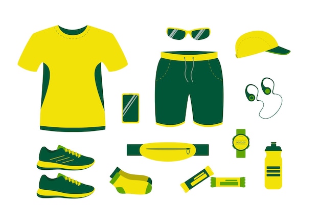 Vector running equipment in summer. clothing, shoes and accessories for man athlete.