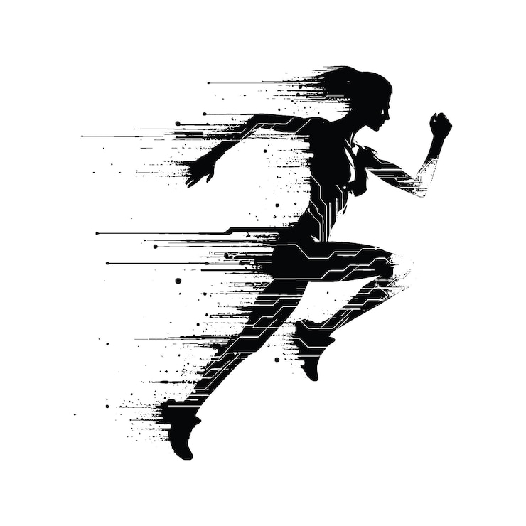 Vector running female player in cyberpunk pattern illustration emblem shield badge