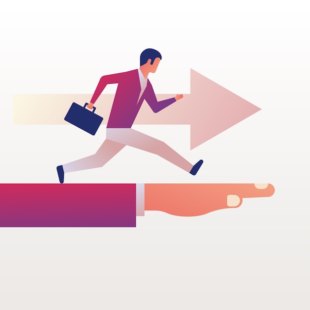 Running forward Businessman with briefcase Vector illustration flat design Isolated on background Business people Hand indicating the direction to the goal