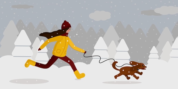 雪に覆われた森の背景に犬の後ろに女の子を実行しています。黄色いジャケットの女の子