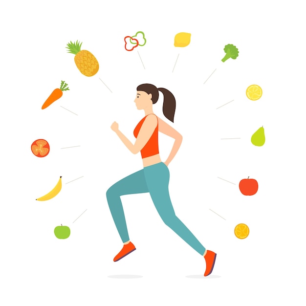 Running Girl with Vegetables and Fruits