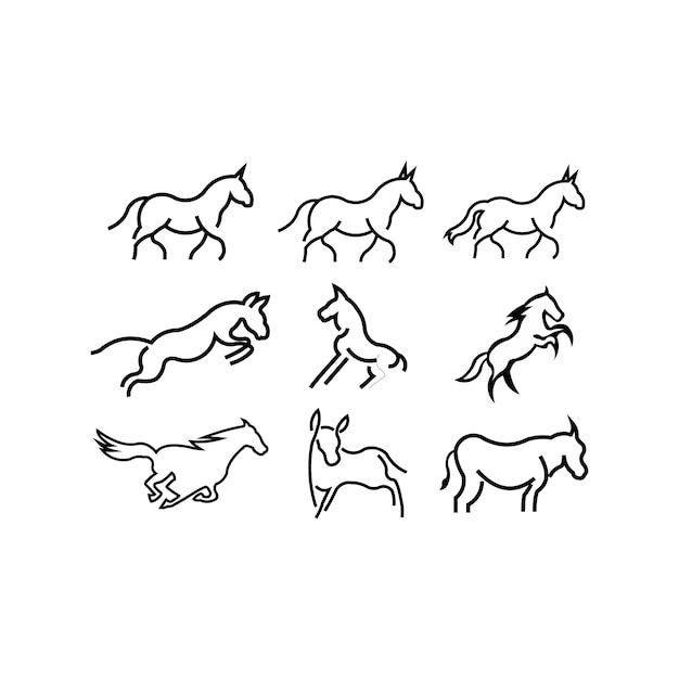 Vettore esecuzione modello di icona di vettore di logo di contorno di arte linea cavallo modello