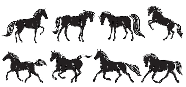 Esecuzione di silhouette di cavallo impostato su sfondo bianco vettore isolato