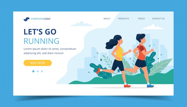 Running landing page template. man and woman running in the park.