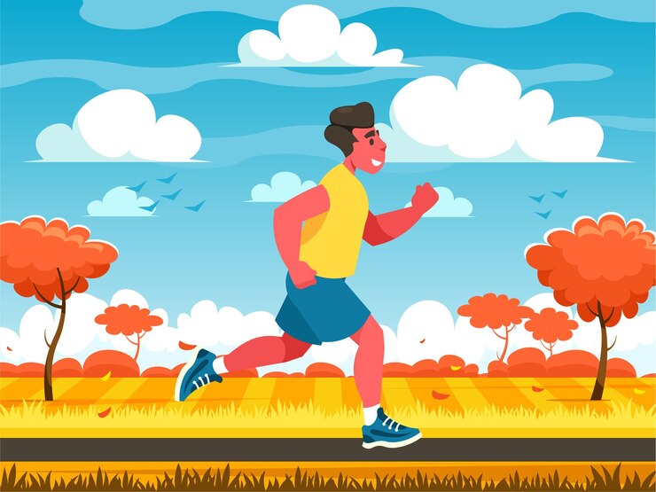Vector running man the athlete is jogging running sport concept rural landscape with field and grass in