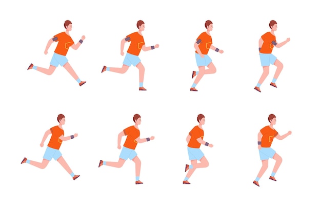 Running man sequence Run karakter frame animatie 2d runner profiel sprite sheet jogging beweging cyclus lus fitness oefening snelle sport beweging man prachtige vectorillustratie